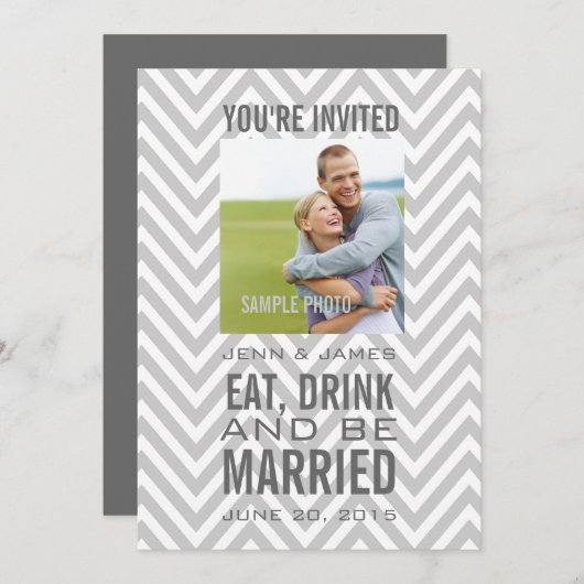 Gray Chevron Modern Foto Weddenschap Kaart (Voorkant / Achterkant)