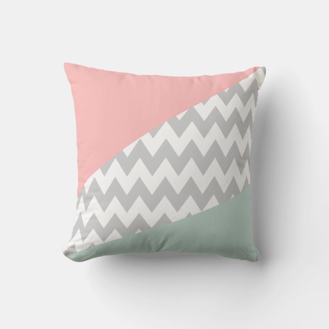 Gray Chevron - Munt en koraal Kussen (Voorkant)