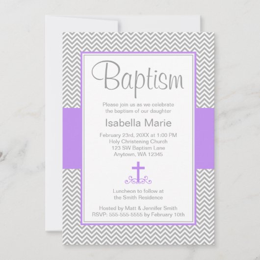 Gray Chevron Paars Cross Girl Baptism Christening Kaart (Voorkant)