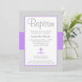 Gray Chevron Paars Cross Girl Baptism Christening Kaart (Staand voorkant)