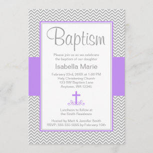 Gray Chevron Paars Cross Girl Baptism Christening Kaart