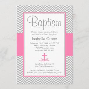 Gray Chevron Pink Cross Girl Baptism Christening Kaart