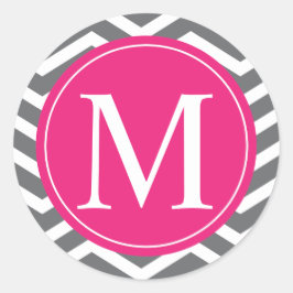 Gray Chevron Pink Monogram Ronde Sticker