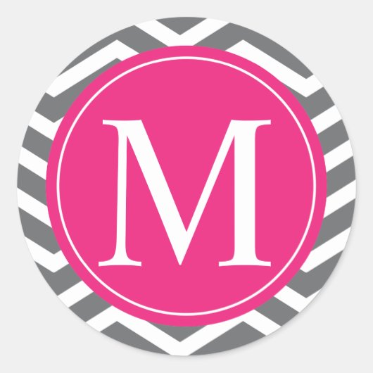 Gray Chevron Pink Monogram Ronde Sticker (Voorkant)