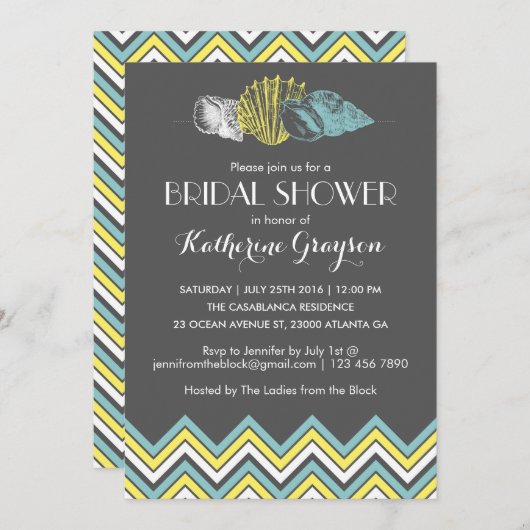 Gray Chevron Seashells Bridal Shower Kaart (Voorkant / Achterkant)