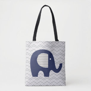 Gray Chevron Stripe Navy Blue Elephant Pattered Tote Bag