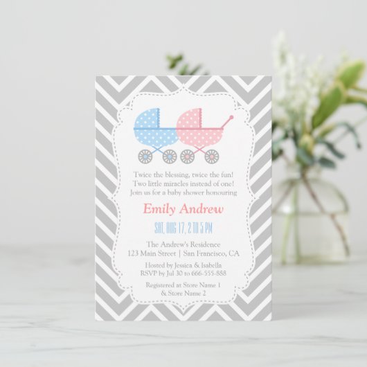 Gray Chevron Strollers Twins Baby shower Kaart (Staand voorkant)