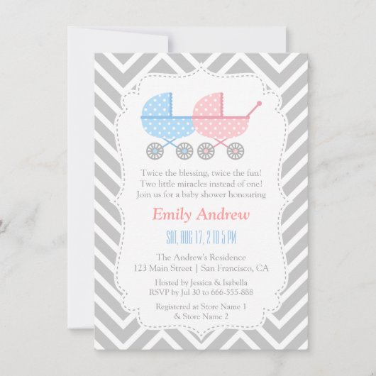 Gray Chevron Strollers Twins Baby shower Kaart (Voorkant)