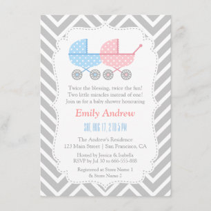 Gray Chevron Strollers Twins Baby shower Kaart