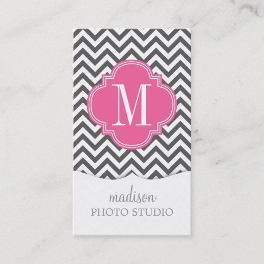 Gray Chevron Zigzag Gepersonaliseerd Monogram Visitekaartje (Voorkant)