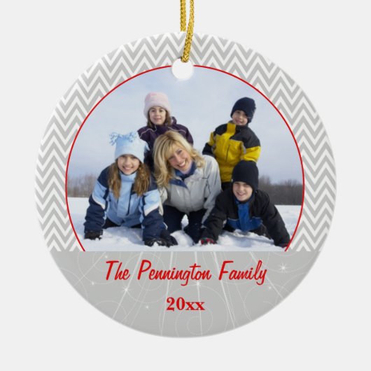 Gray chevron zigzag kerstfoto-versiering keramisch ornament (Voorkant)
