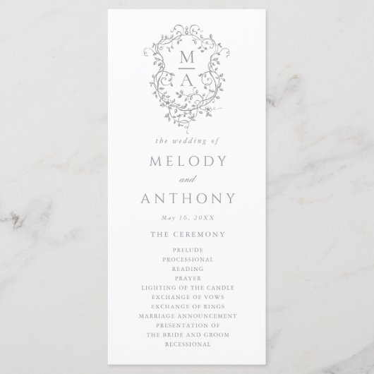 Gray Classic Floral Crest Wedding Ceremony Programmakaart (Voorkant)