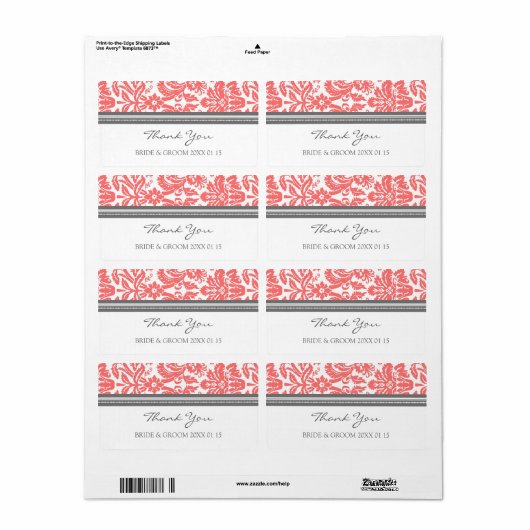 Gray Coral Damask Wedding Labels (Full Sheet)