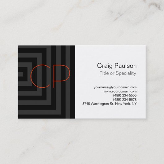 Gray Cubes Pattern Oranje Monogram Visitekaartje (Voorkant)