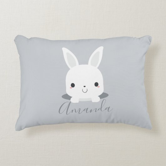 Gray Cute Little Bunny Rabbit met aangepaste naam Accent Kussen (Voorkant)