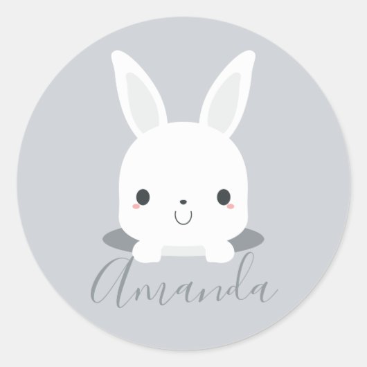 Gray Cute Little Bunny Rabbit met aangepaste naam Ronde Sticker (Voorkant)