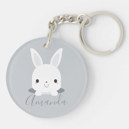 Gray Cute Little Bunny Rabbit met aangepaste naam Sleutelhanger (Achterkant)