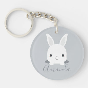 Gray Cute Little Bunny Rabbit met aangepaste naam Sleutelhanger