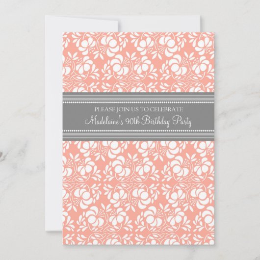 Gray Damask 90th Birthday Party Invitations Kaart (Voorkant)