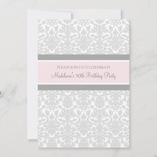 Gray Damask 90th Birthday Party Invitations Kaart (Voorkant)