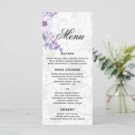 Gray Damask en Paars Floral Wedding Menu (Staand voorkant)