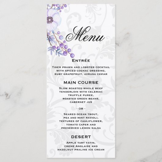Gray Damask en Paars Floral Wedding Menu (Voorkant)