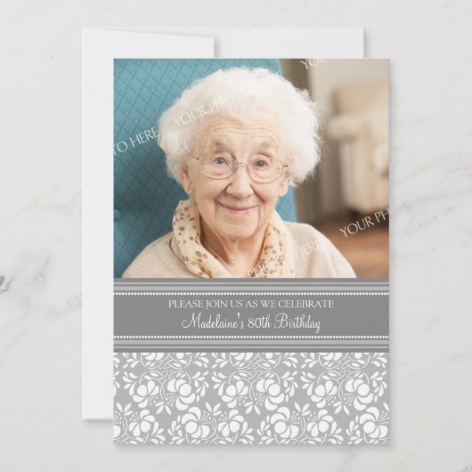 Gray Damask Foto 80th Birthday Party Invitations Kaart (Voorkant)