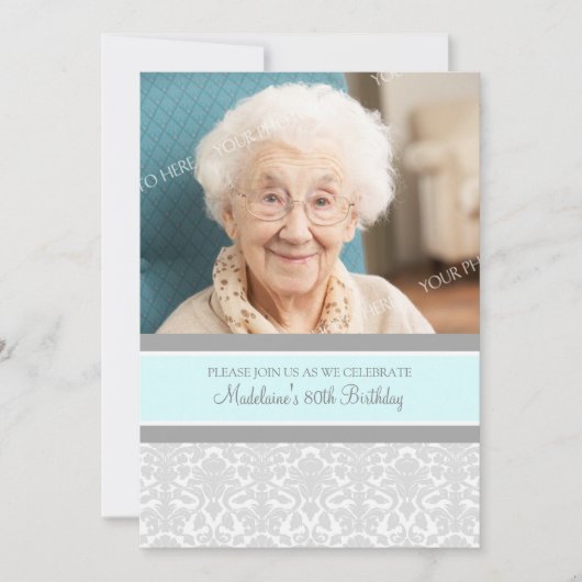 Gray Damask Foto 80th Birthday Party Invitations Kaart (Voorkant)