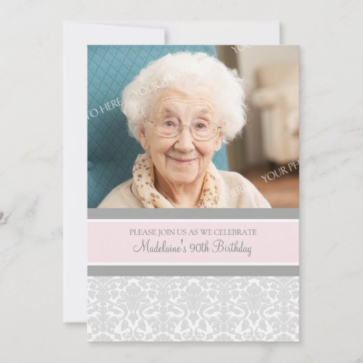 Gray Damask Foto 90th Birthday Party Invitations Kaart (Voorkant)