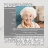 Gray Damask Foto 90th Birthday Party Invitations Kaart (Voorkant / Achterkant)