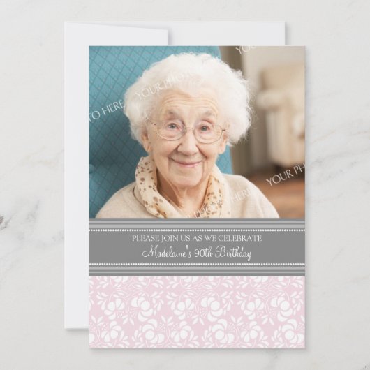 Gray Damask Foto 90th Birthday Party Invitations Kaart (Voorkant)