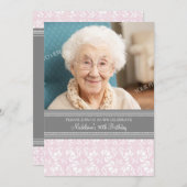 Gray Damask Foto 90th Birthday Party Invitations Kaart (Voorkant / Achterkant)