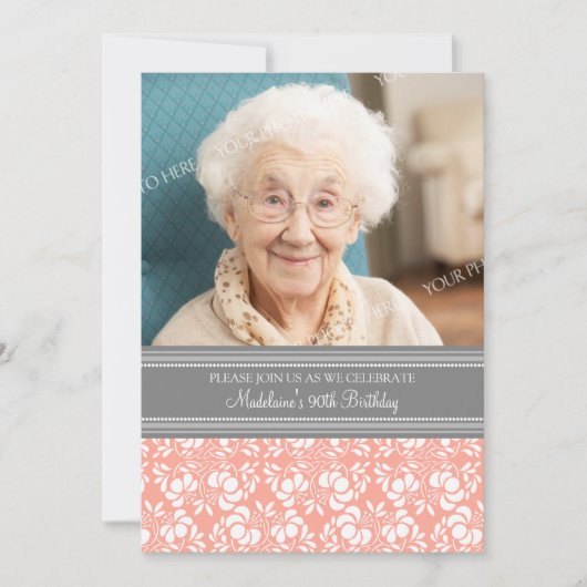 Gray Damask Foto 90th Birthday Party Invitations Kaart (Voorkant)