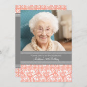 Gray Damask Foto 90th Birthday Party Invitations Kaart (Voorkant / Achterkant)