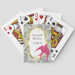 Gray Damask Fuchsia Sparrow Weddenkaart Speelkaarten