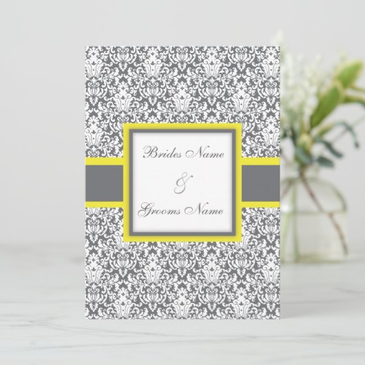 Gray Damask (geel) Wedding Invitation Kaart (Staand voorkant)