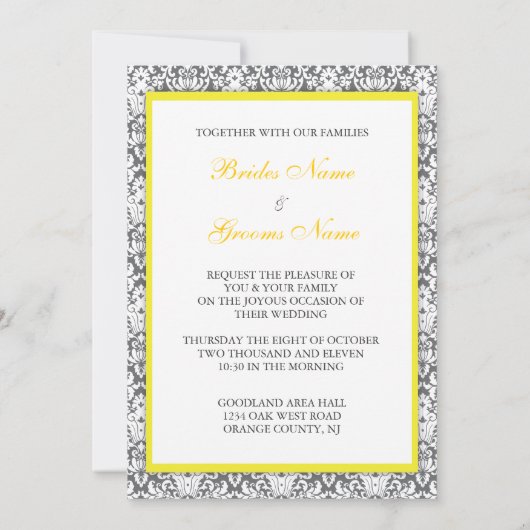 Gray Damask (geel) Wedding Invitation Kaart (Achterkant)