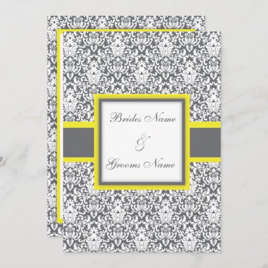 Gray Damask (geel) Wedding Invitation Kaart (Voorkant / Achterkant)