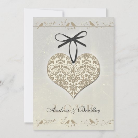 Gray  Damask Heart Wedding Invitation Kaart (Voorkant)
