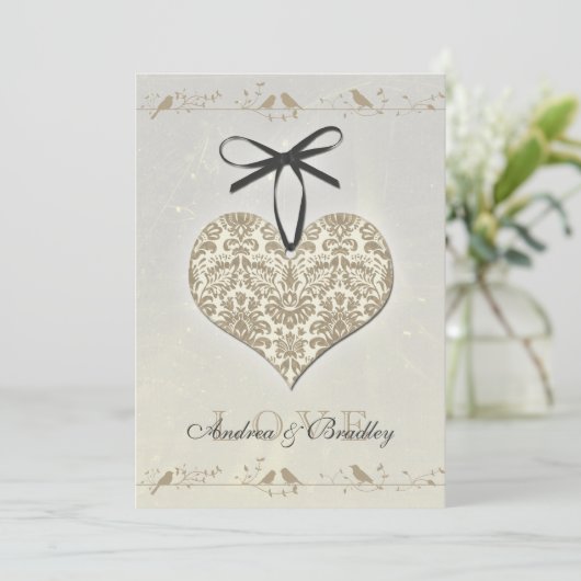 Gray  Damask Heart Wedding Invitation Kaart (Staand voorkant)