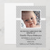Gray Damask Lijst Foto Baby Aankondiging (Voorkant / Achterkant)