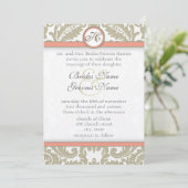 Gray Damask met Coral & Gray Wedding Invitations Kaart (Staand voorkant)