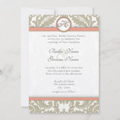 Gray Damask met Coral & Gray Wedding Invitations Kaart (Voorkant)