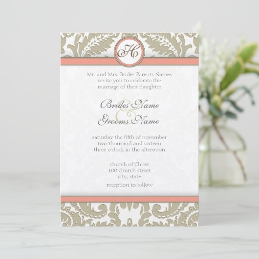 Gray Damask met Coral & Gray Wedding Invitations Kaart (Staand voorkant)
