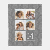 Gray Damask Patroon 5 Photo Collage Monogram Fleece Deken (Voorkant)
