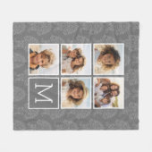 Gray Damask Patroon 5 Photo Collage Monogram Fleece Deken (Voorkant (Horizontaal))