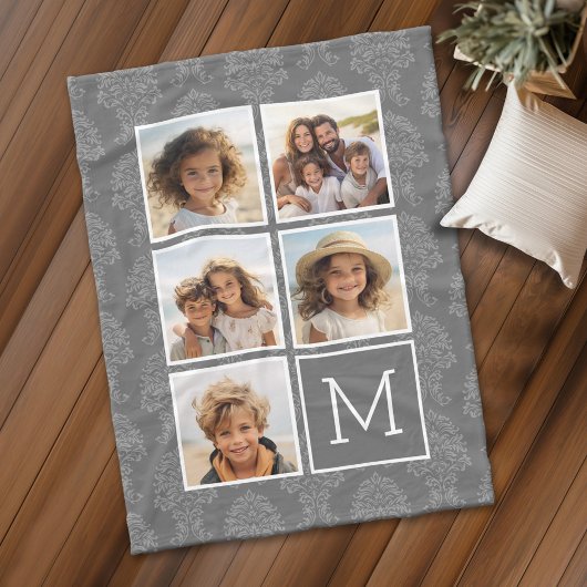 Gray Damask Patroon 5 Photo Collage Monogram Fleece Deken