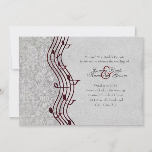 Gray Damask Red Music Elegant Wedding Invitation Kaart (Voorkant)