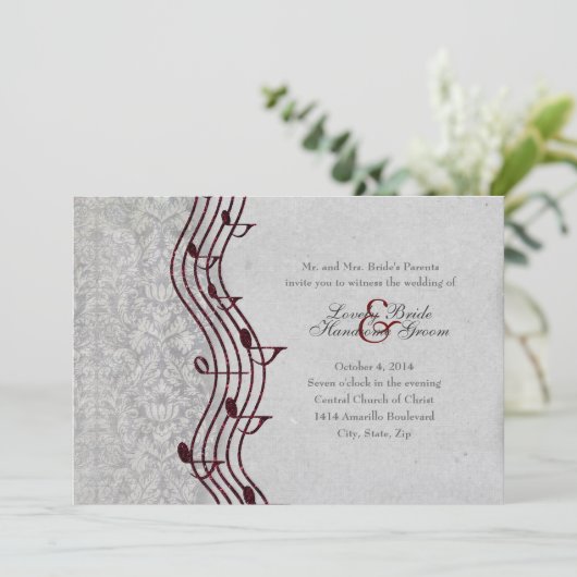 Gray Damask Red Music Elegant Wedding Invitation Kaart (Staand voorkant)