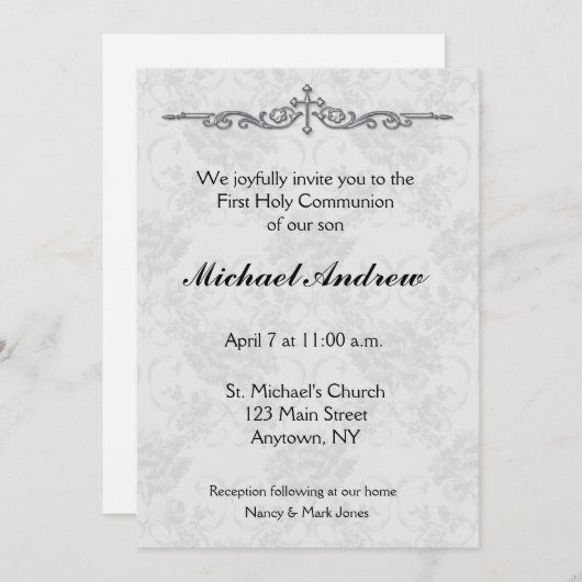 Gray Damask Religieuze Uitnodiging (Voorkant / Achterkant)